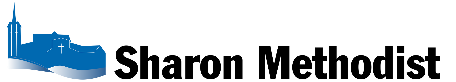 A logo for sharon methodist with a blue building in the background