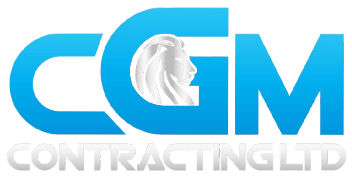 A blue and white logo for cgm contracting ltd