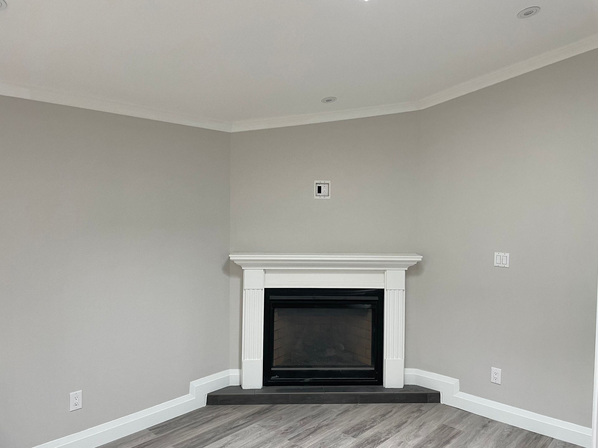 There is a fireplace in the corner of the room.