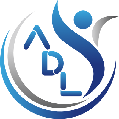 Un logo blu e grigio per un'azienda chiamata adl