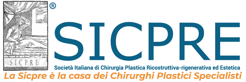 A blue and white logo for sicpre la sicpre è la casa dei chirurgi plastici specialisti