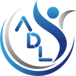 Un logo blu e grigio per un'azienda chiamata adl