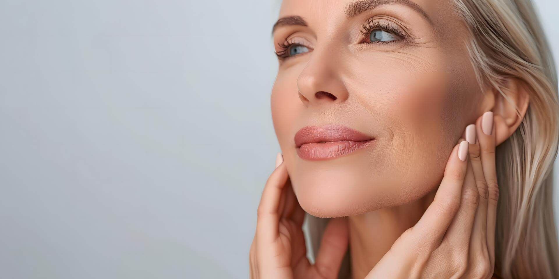 Una donna si tocca il viso con le mani e sorride.