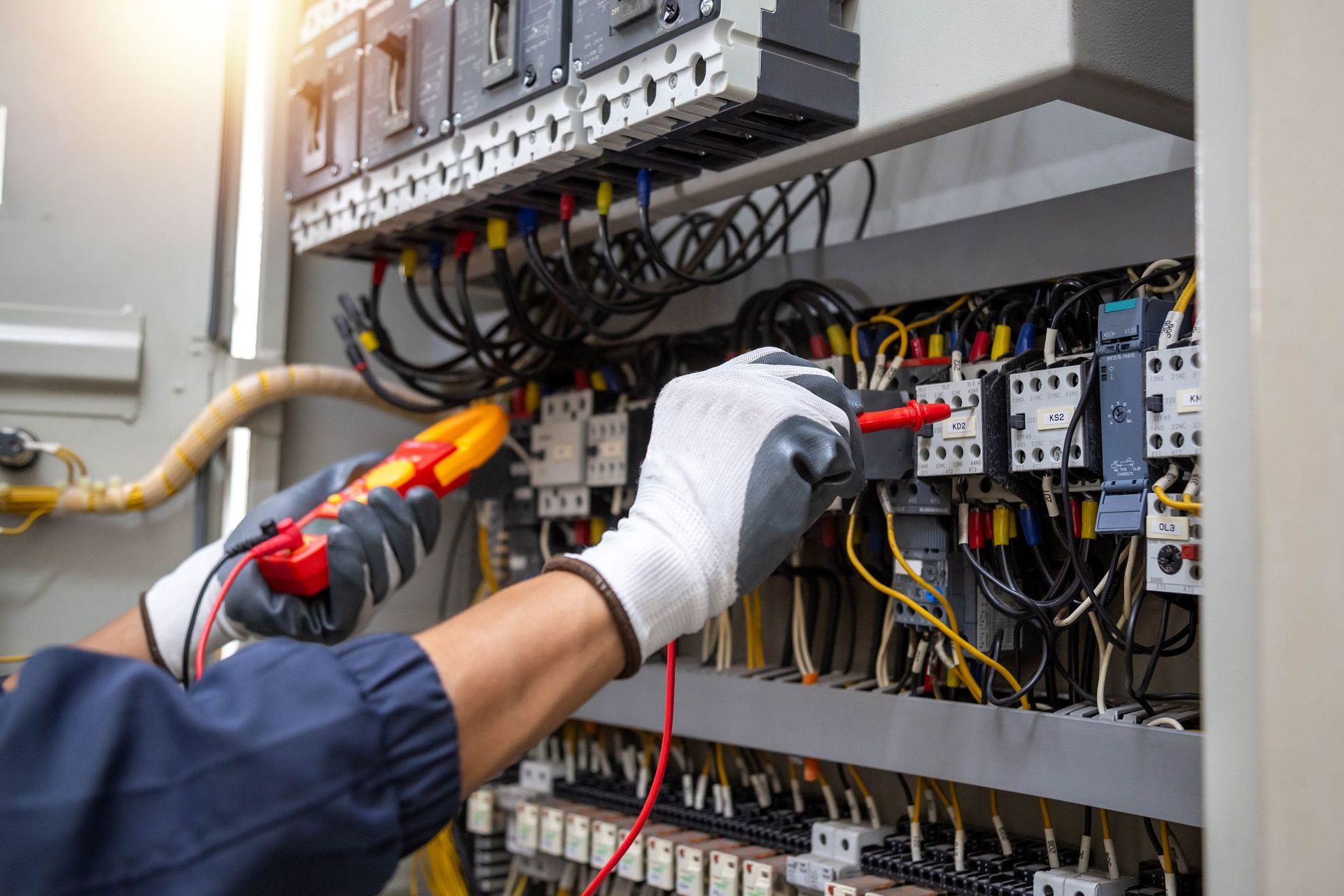 Technician testing electrical control panel wiring with a multimeter and insulated gloves