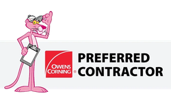 Pink Panther beside Owens Corning “Preferred Contractor” logo on a white background