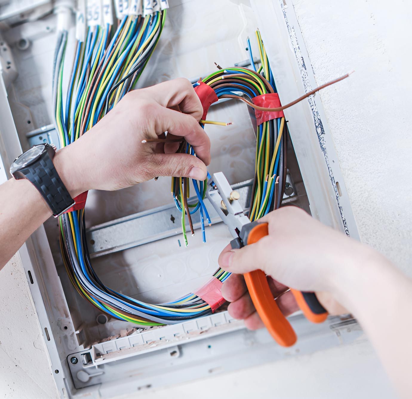 A Person Is Working On An Electrical Box With A Pair Of Pliers — Steve Mason Electrical In Lake Cathie, NSW 