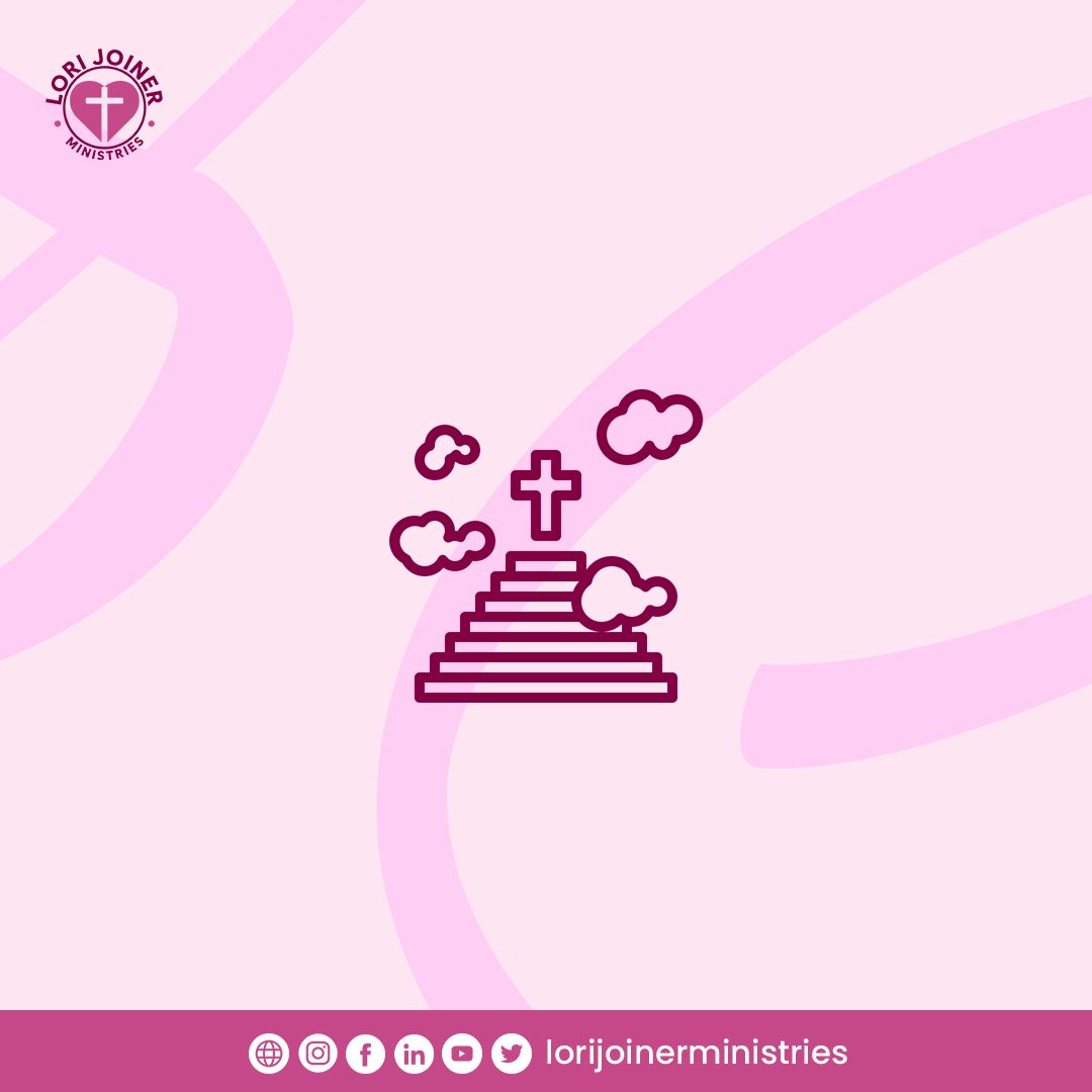 A line drawing of a staircase with a cross and clouds on a pink background.