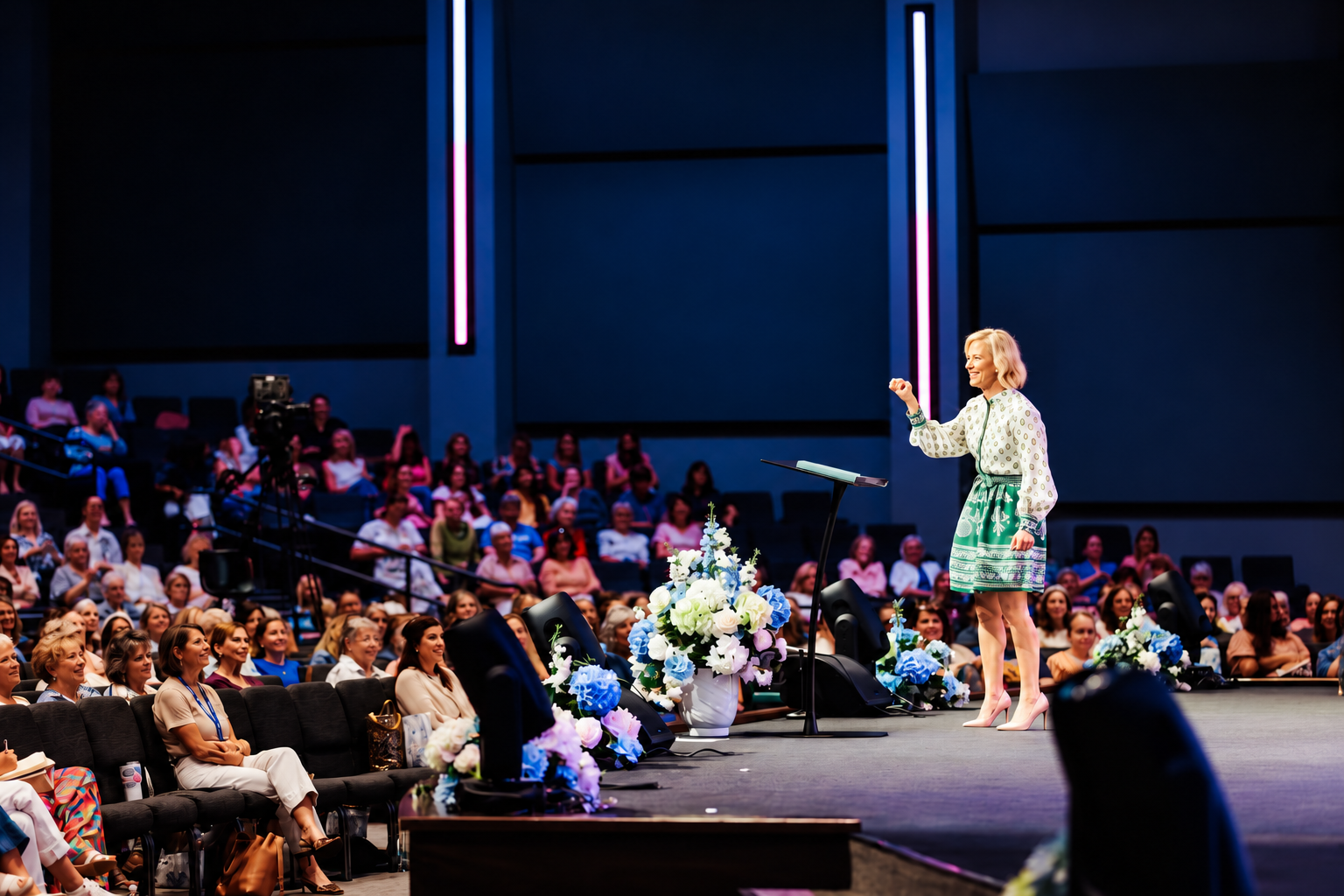A woman is standing on a stage giving a speech to a crowd.