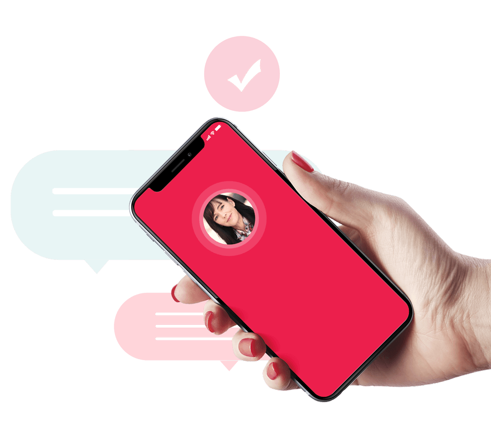 A hand is holding a cell phone with a picture of a woman on the screen