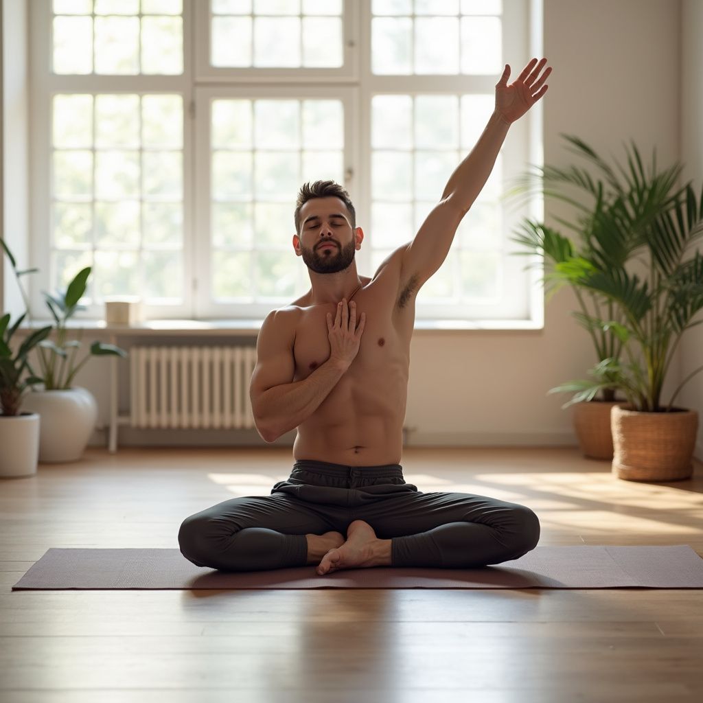 Man in yoga pose, eyes closed, one arm raised, seated on mat indoors near plants.