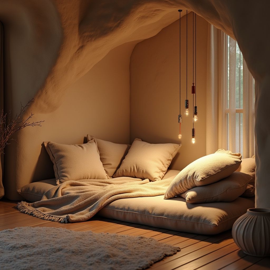 Cozy nook with cushioned seating, lit by hanging bulbs. Beige tones, window, and a textured rug.