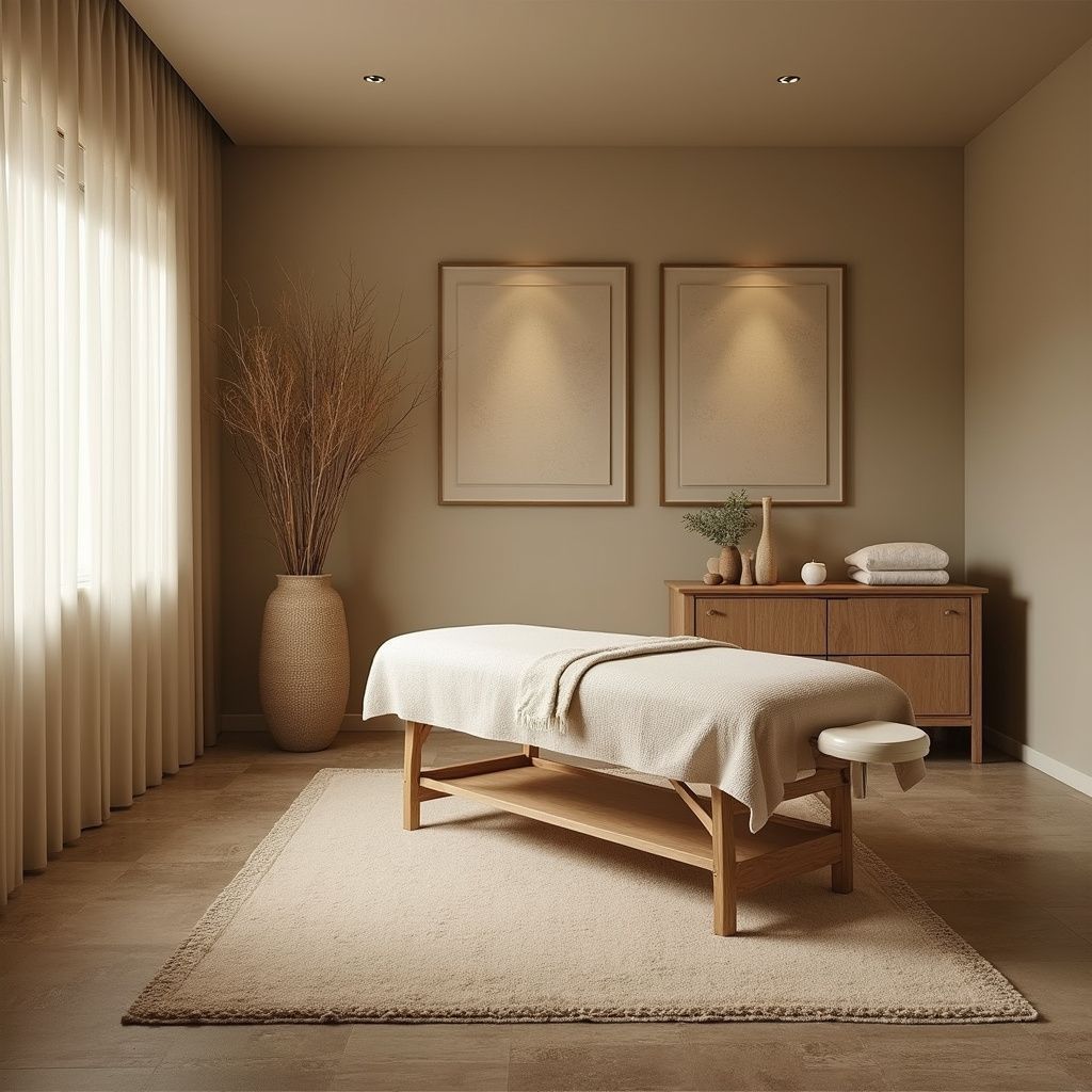 Massage room with beige walls, table, rug, and natural light.