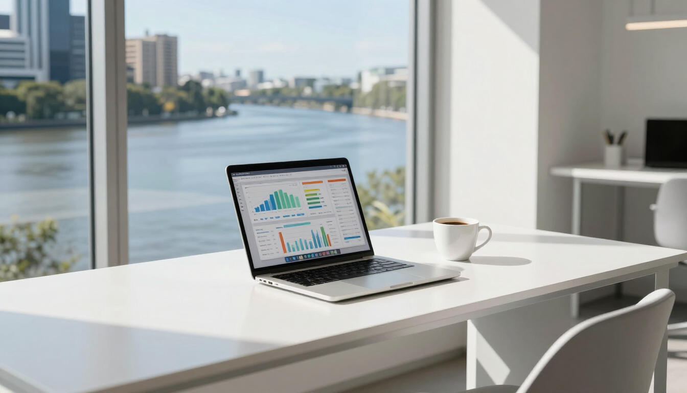 Modern digital strategy workspace in Bulimba overlooking Brisbane river.