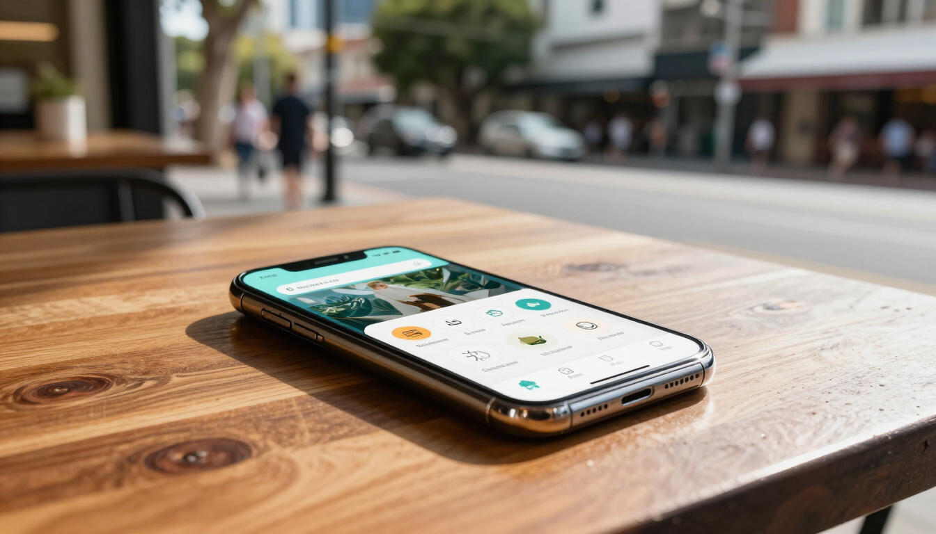 Smartphone with local business app on Bulimba cafe table
