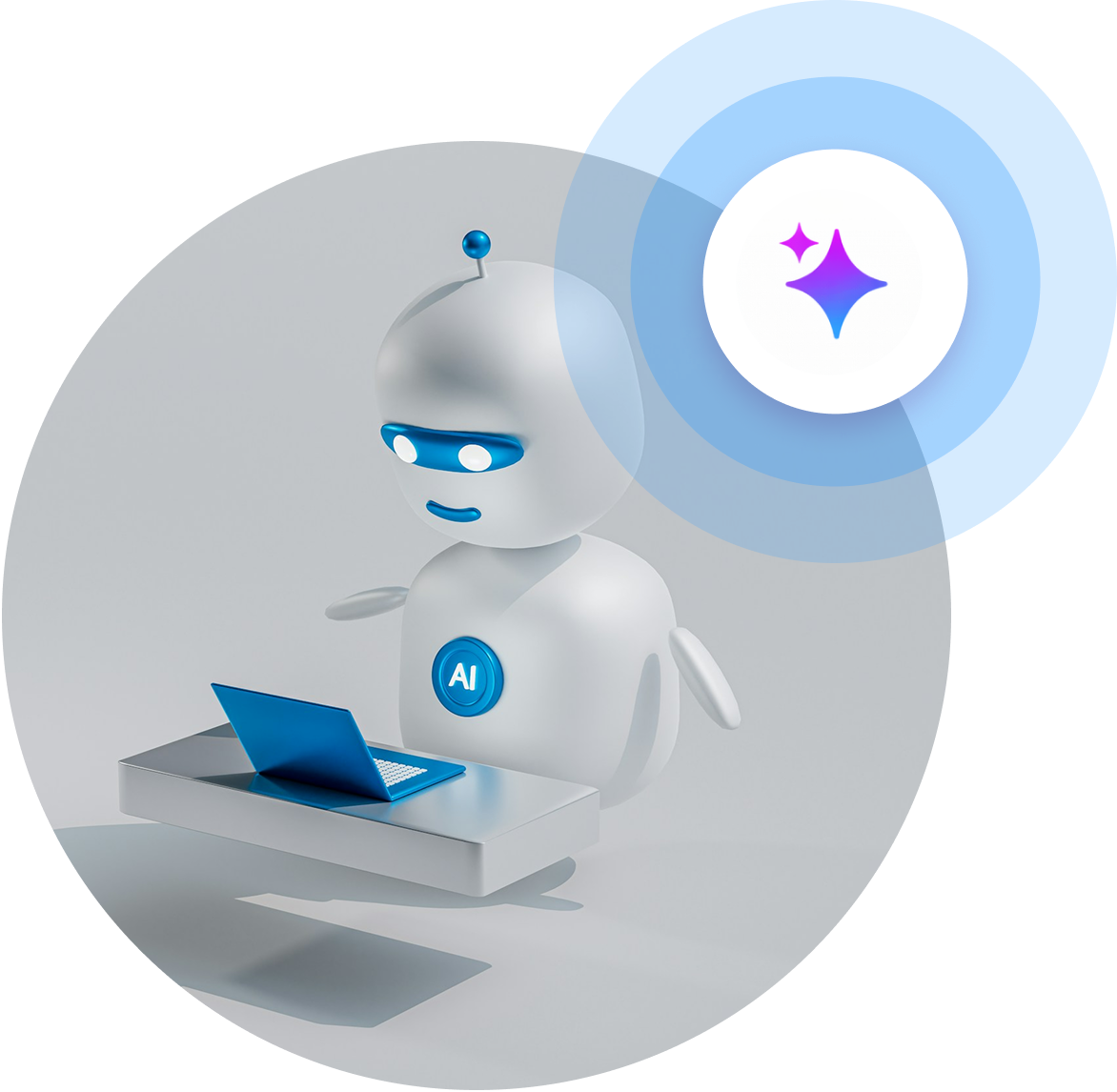 White AI robot typing on a laptop with blue glow and a sparkle icon in the background