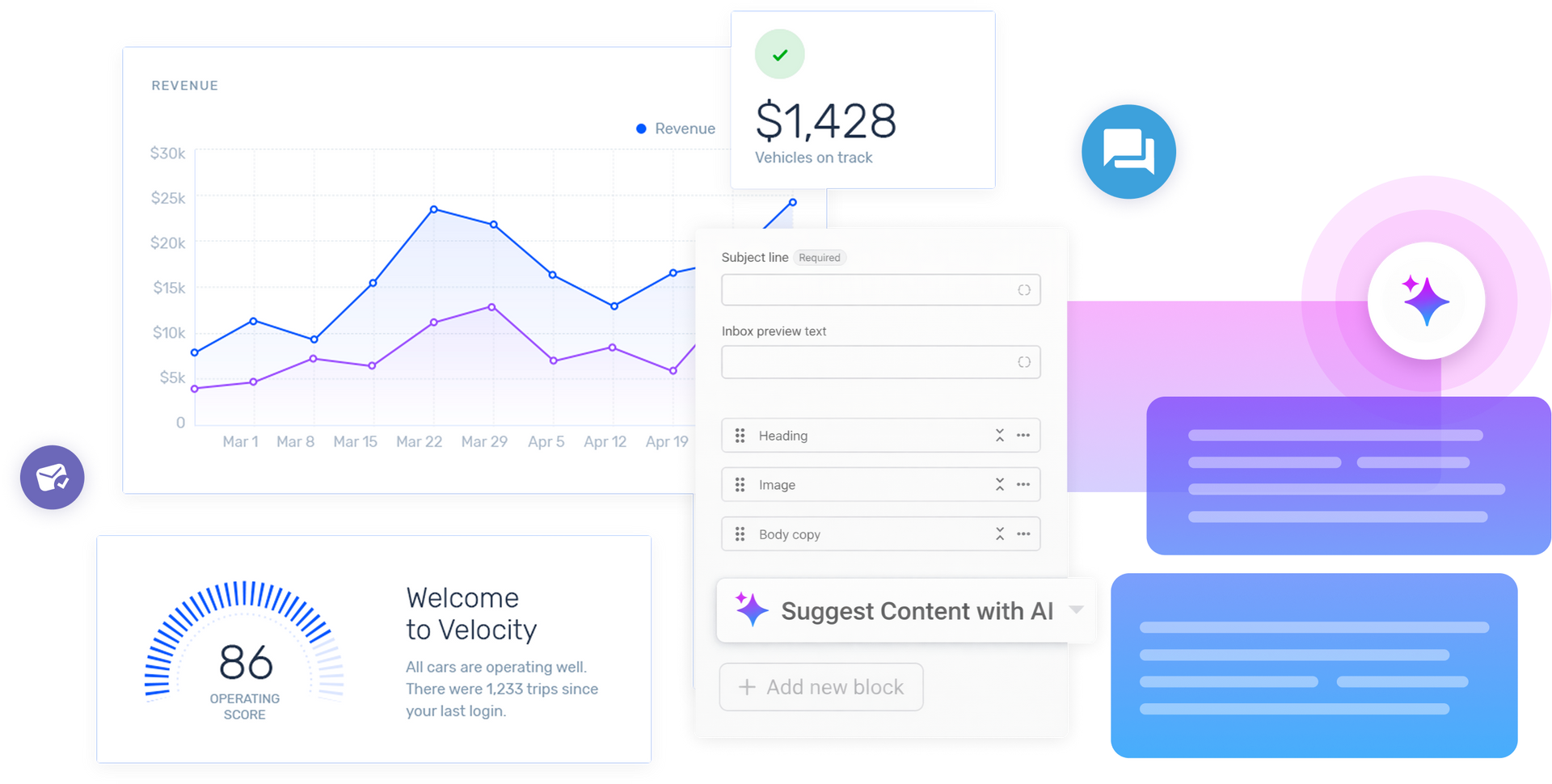 Dashboard analytics with line charts, metrics, and colorful chat-style cards on a white and purple interface