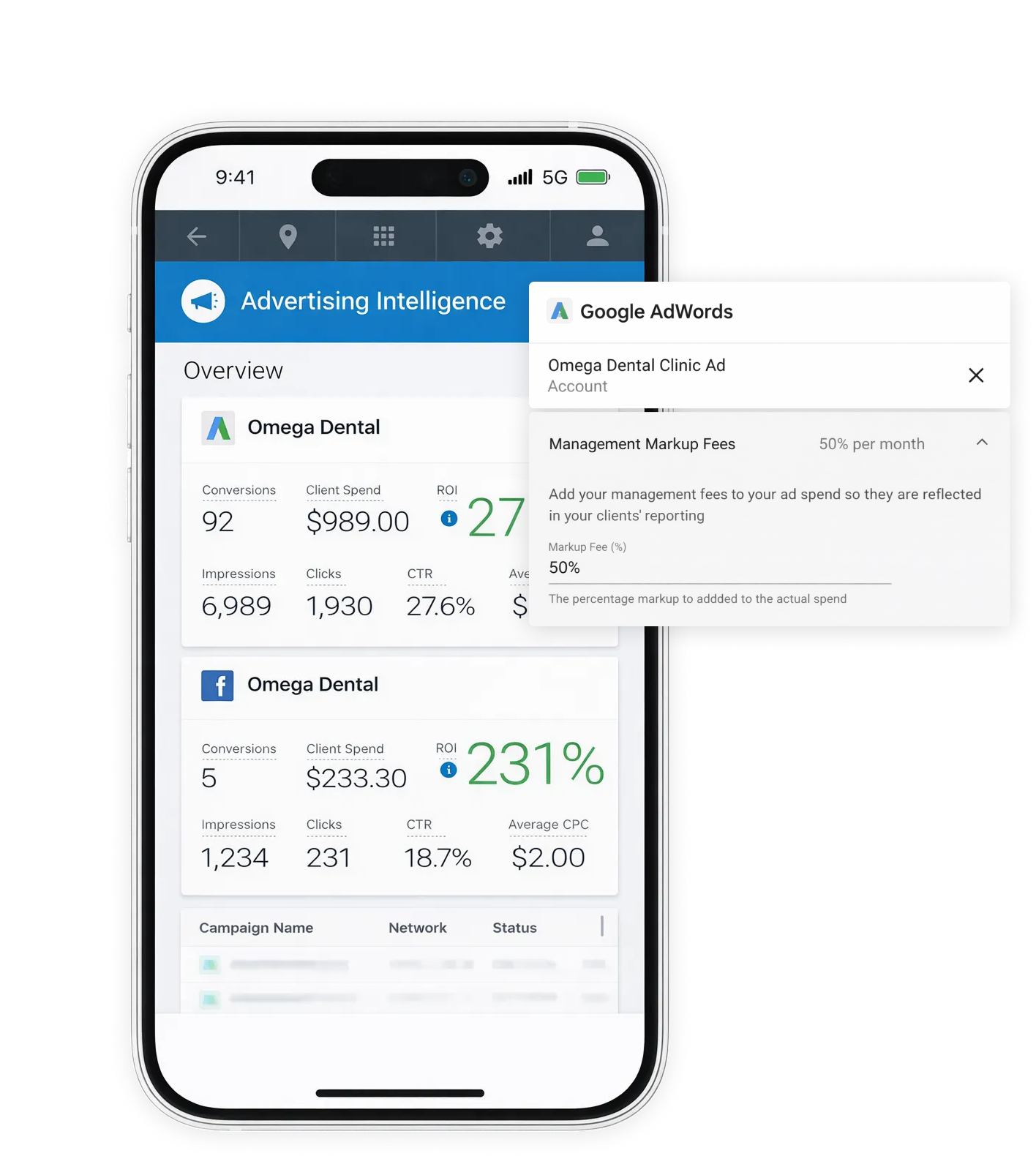 Smartphone showing an analytics dashboard with charts and a pop-up notification overlay