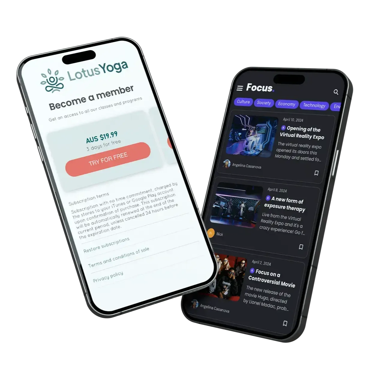 Two angled smartphone app screens, one light meditation app and one dark music app, on white background