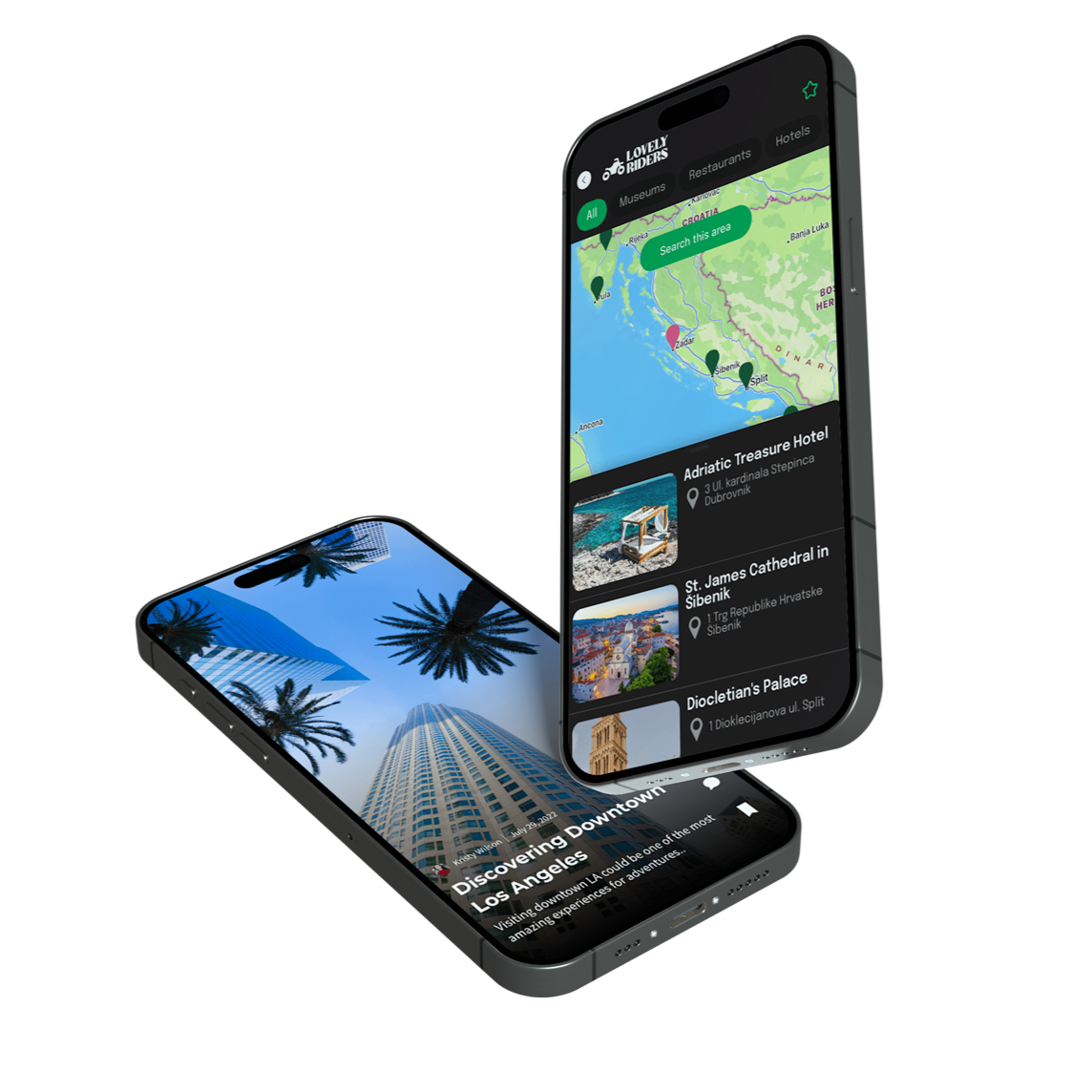 Two smartphones showing a map app and a city photo on dark screens