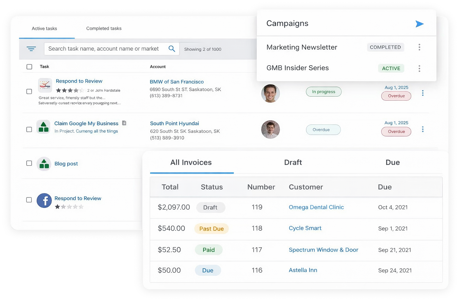 Light-gray dashboard with task lists, charts, and status cards, plus a contacts popover in the top right