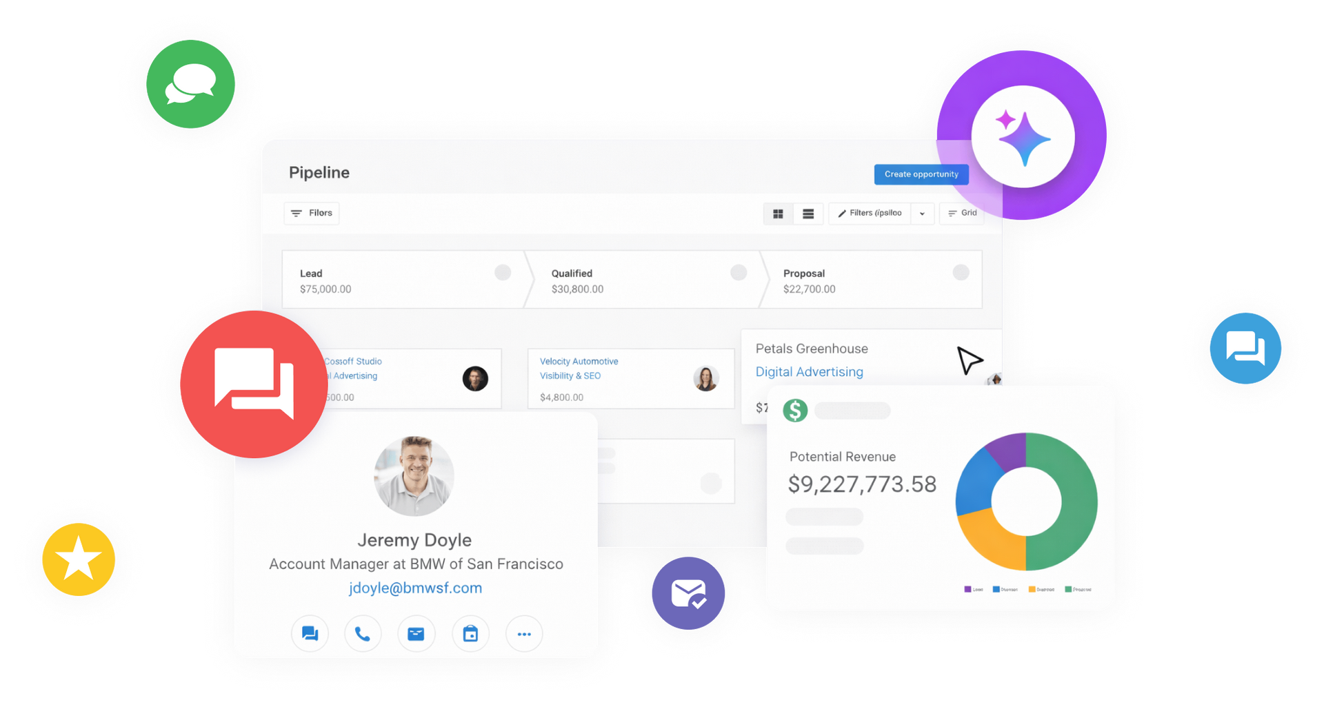 Colorful app dashboard with charts, profile cards, and floating notification icons on a white background
