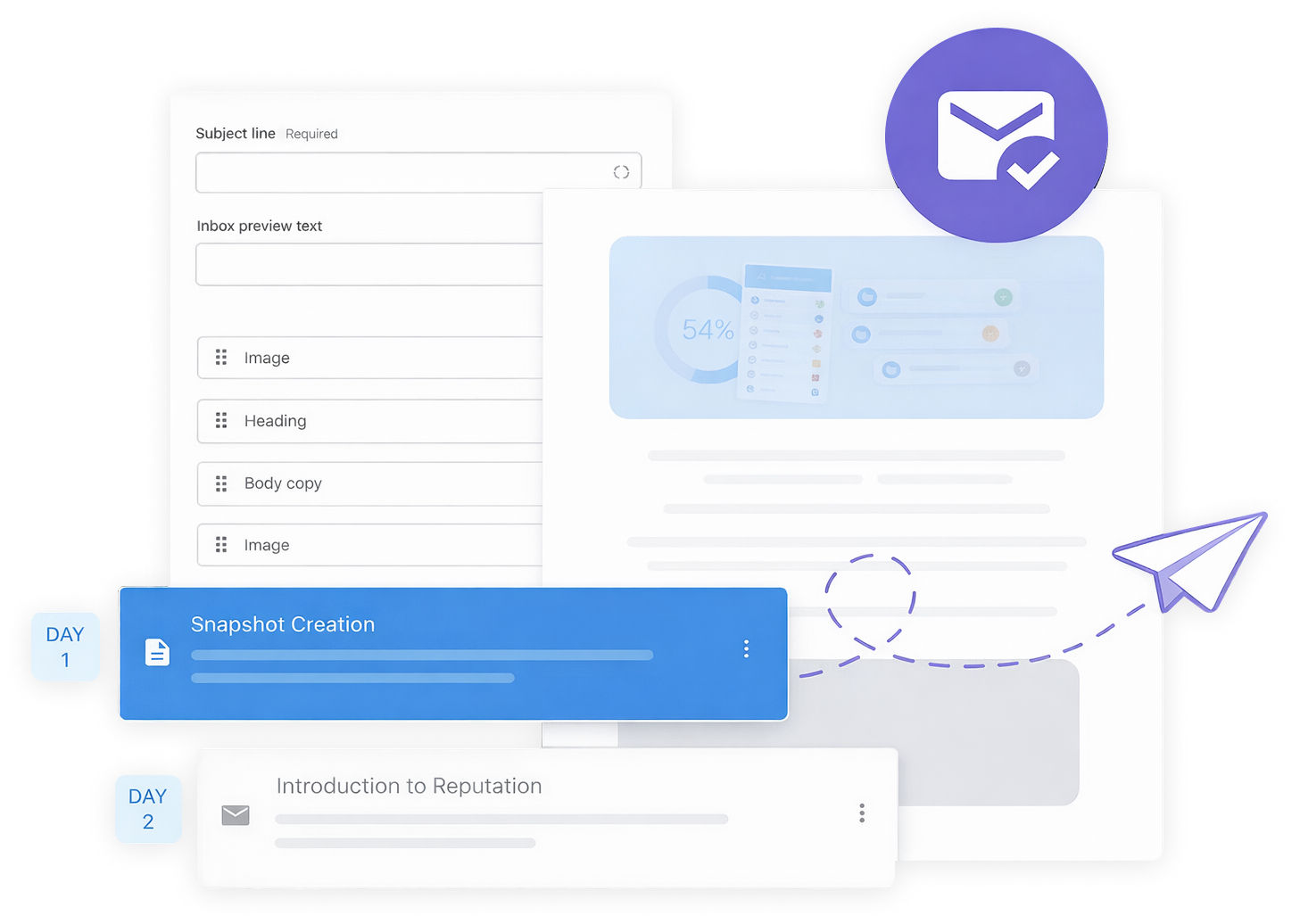 Stylized email and form interface with blue and purple mail icons on a white background