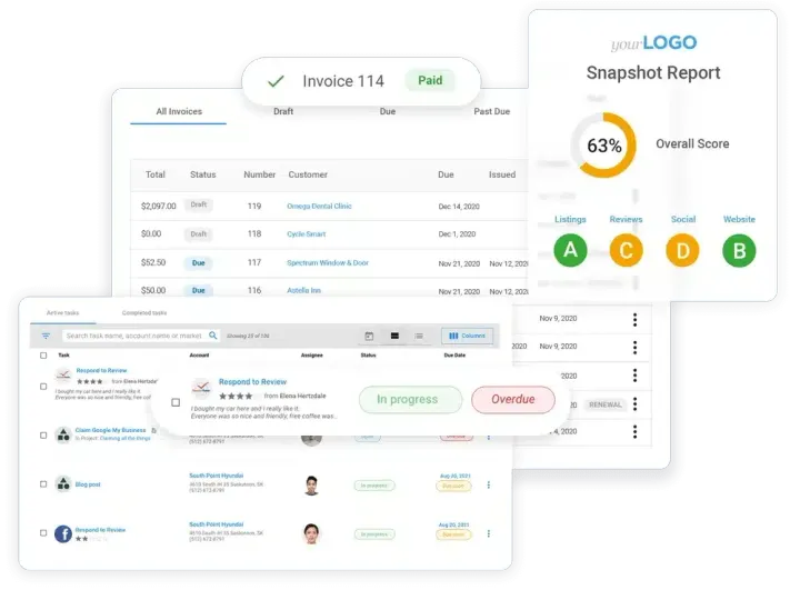 Analytics dashboard mockup with invoice table, chart, and grade summary cards on a white interface