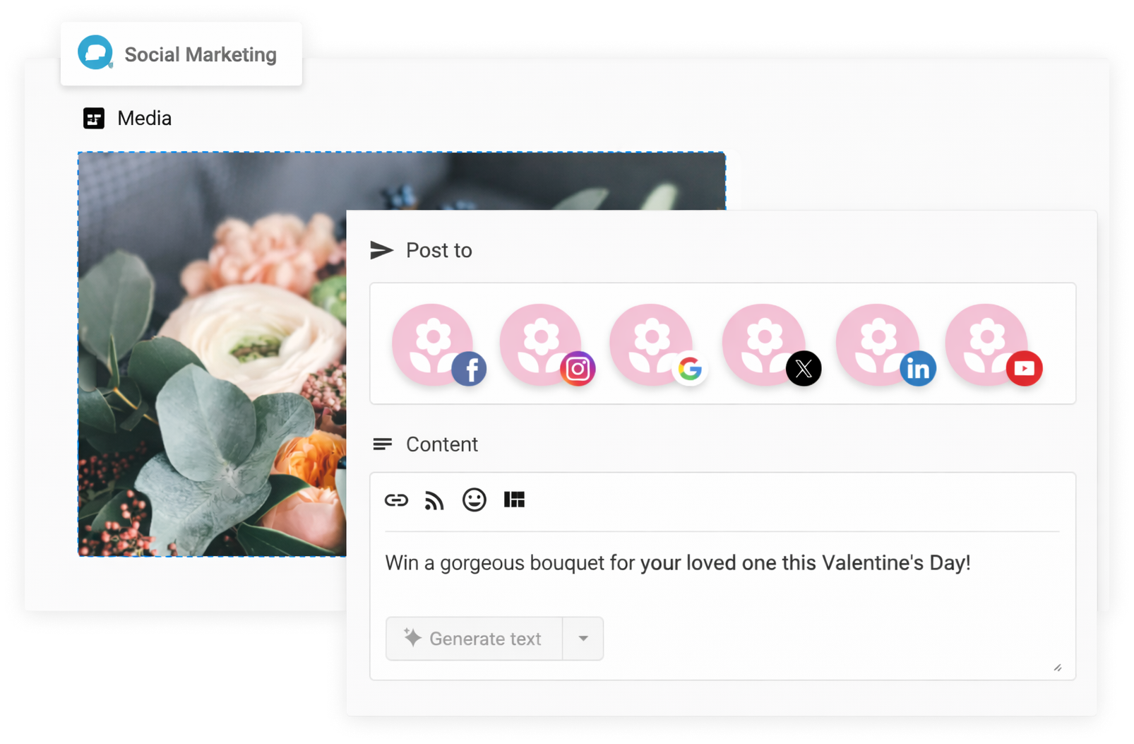 Social marketing post editor with floral image preview and social media icons