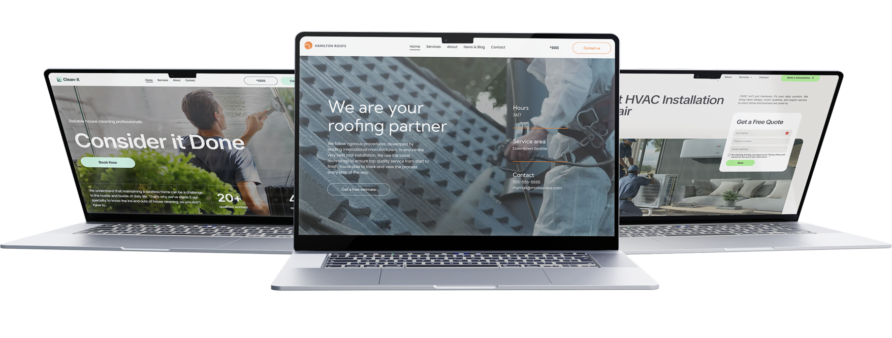 Three laptops displaying website designs on a white background