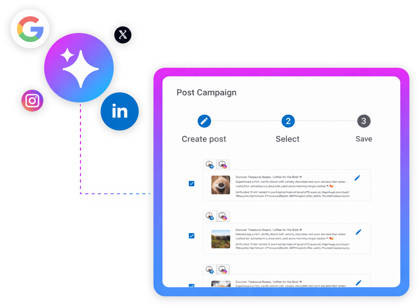 Social media post campaign dashboard with colorful icons and a blue-to-purple framed interface