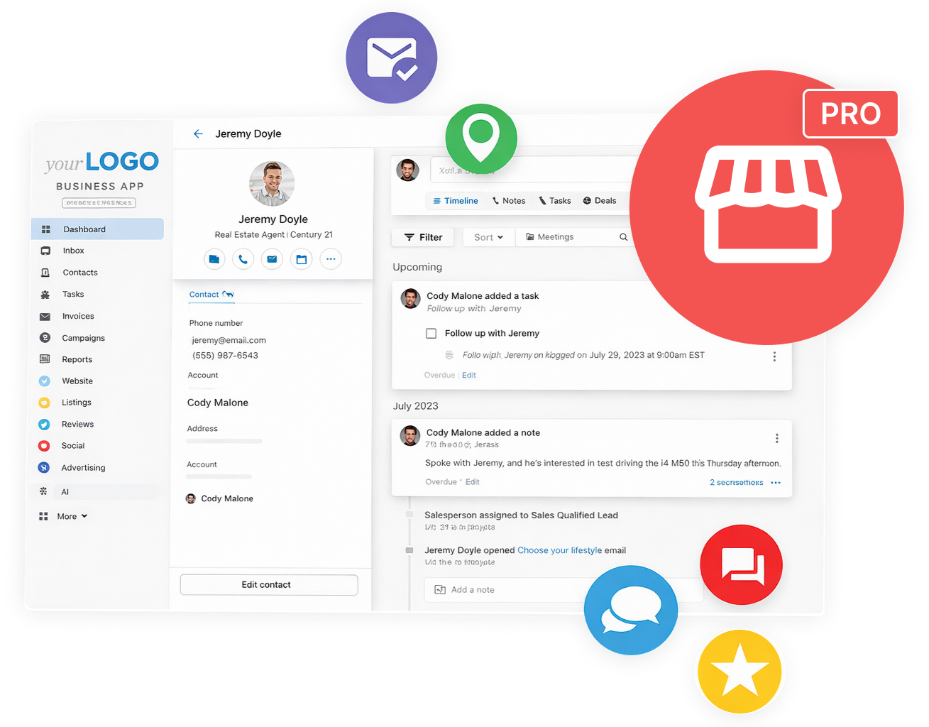 Website dashboard UI with profile cards, menu sidebar, and colorful app icons including a red store badge
