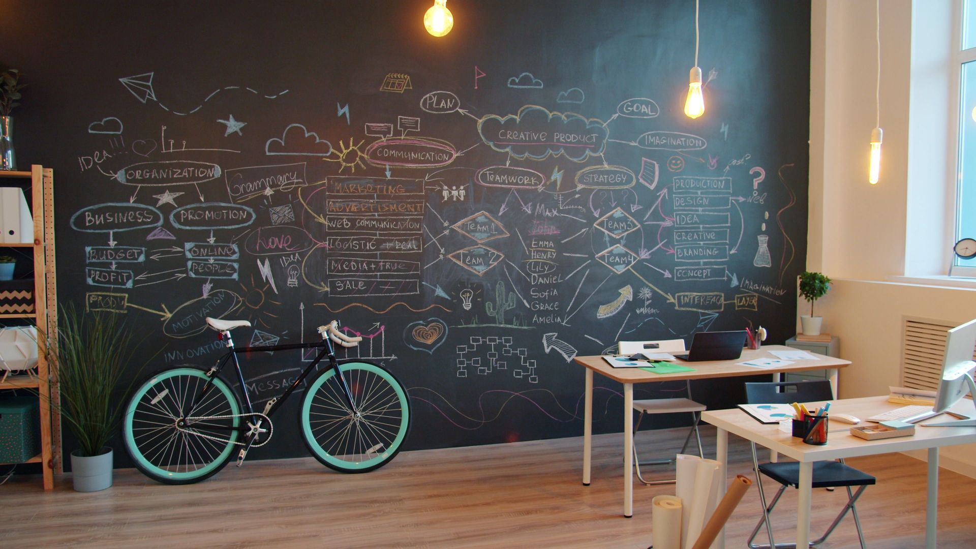 Creative workspace with a chalkboard filled with strategy notes representing digital business plan