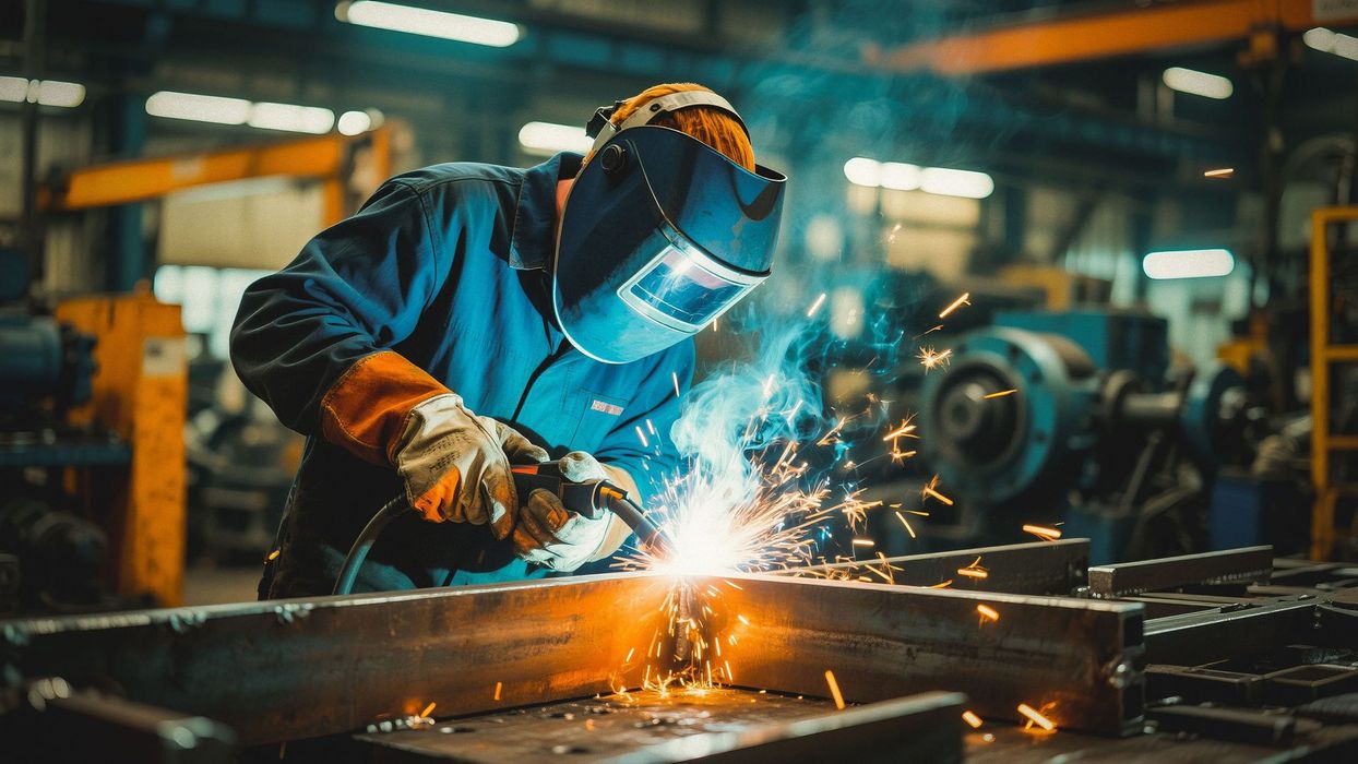 A welder in protective gear works on metal in a factory, surrounded by bright sparks and industrial machinery.