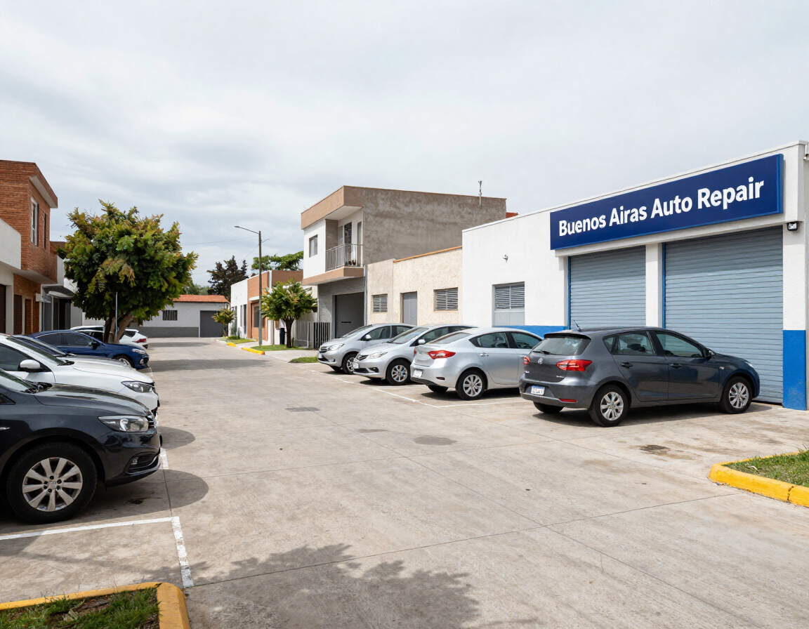 Exterior de un taller de reparación de automóviles con coches aparcados a lo largo de un pequeño terreno y un carril.