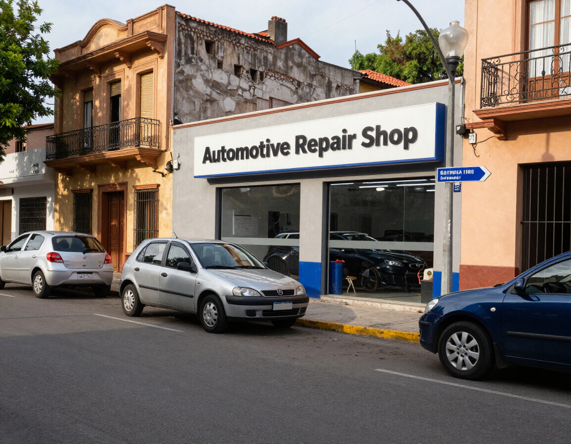 Vista a pie de calle de un taller de reparación de automóviles con coches aparcados en una manzana de la ciudad.