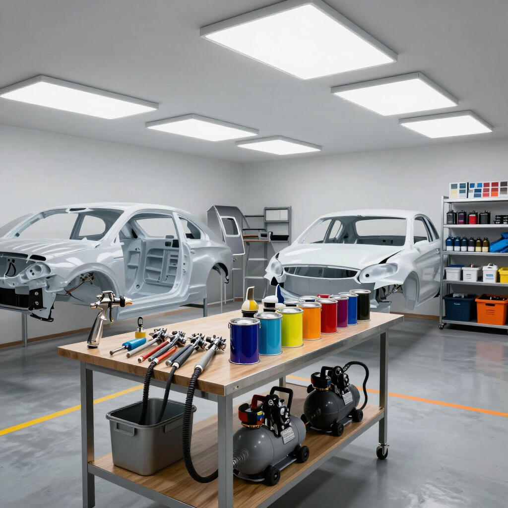 Taller de carrocería con dos coches sin terminar, materiales de pintura y herramientas sobre una mesa de trabajo bajo luces de techo brillantes.