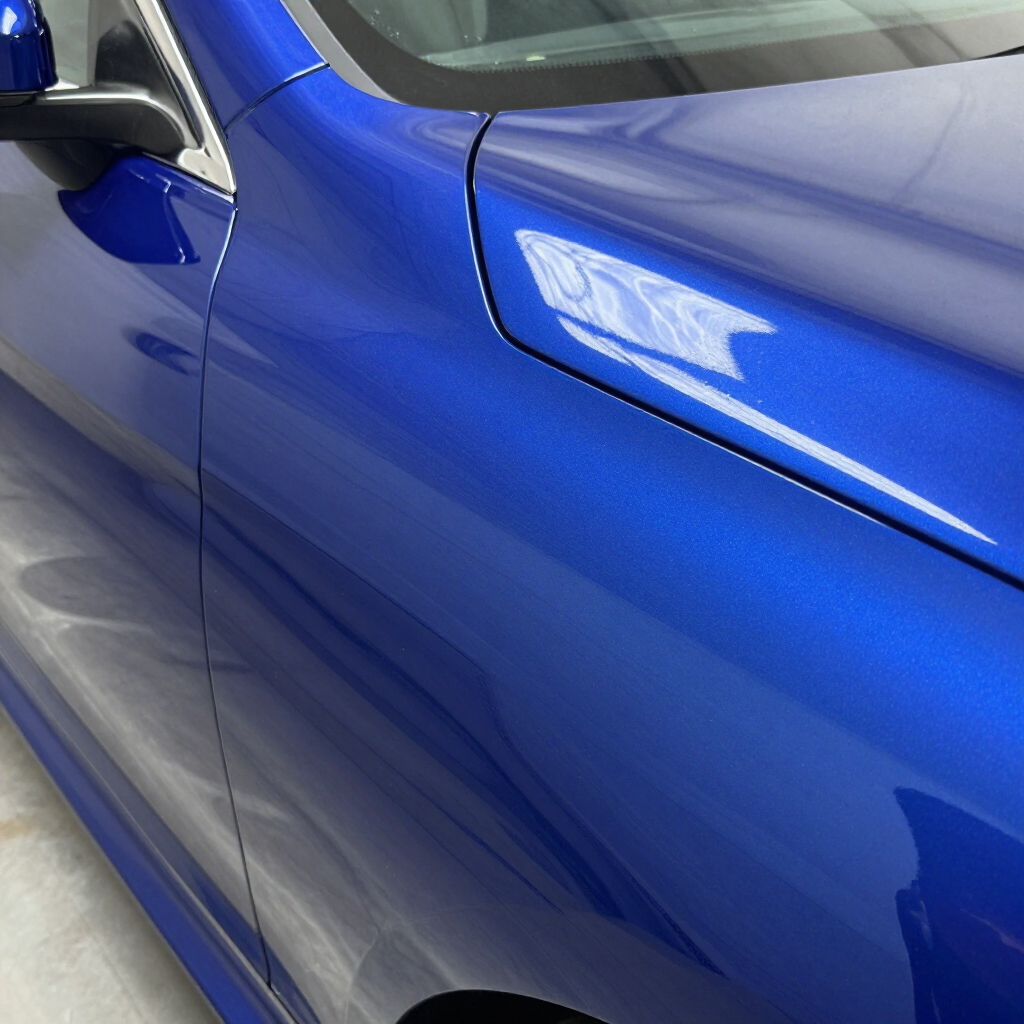 Primer plano de la puerta y el espejo lateral de un coche azul brillante con reflejos en la pintura.