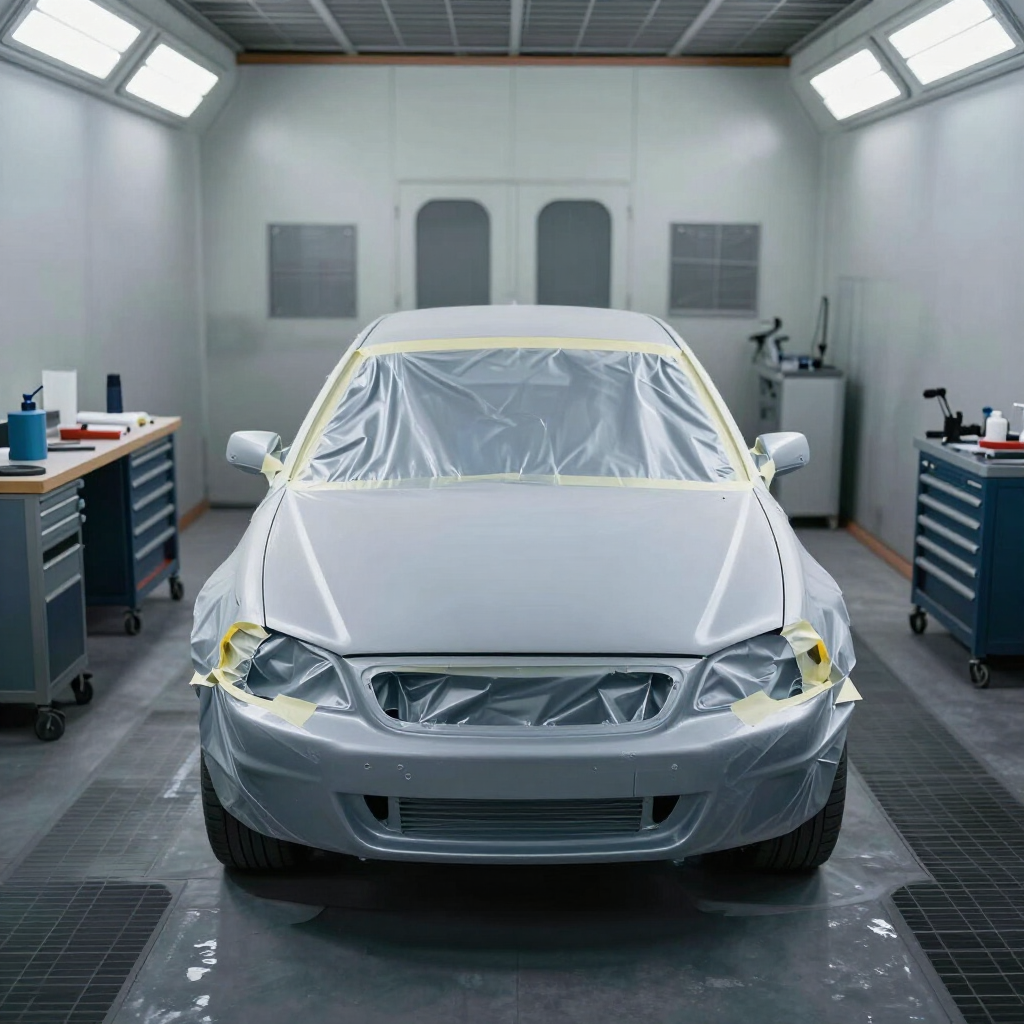 Coche plateado enmascarado en una cabina de pintura, con la parte delantera expuesta para pintar o reparar.