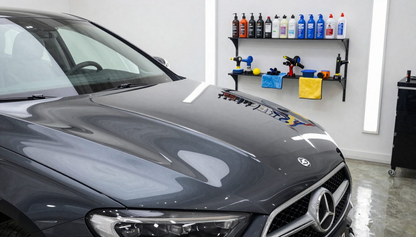 Mercedes plateado en un garaje limpio con un estante de productos y herramientas de limpieza en la pared.