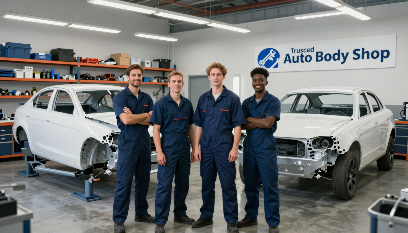 Cuatro técnicos de carrocería se encuentran en un taller junto a dos coches blancos que están siendo reparados.