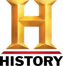 The logo for history channel is a gold letter h on a white background.