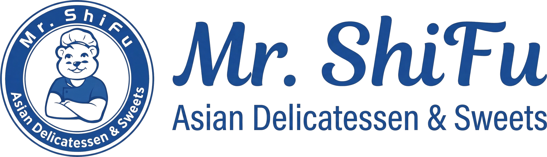 A blue and white logo for Mr. ShiFu Asian Delicatessen & Sweets, featuring a circular icon of a chef with arms crossed.