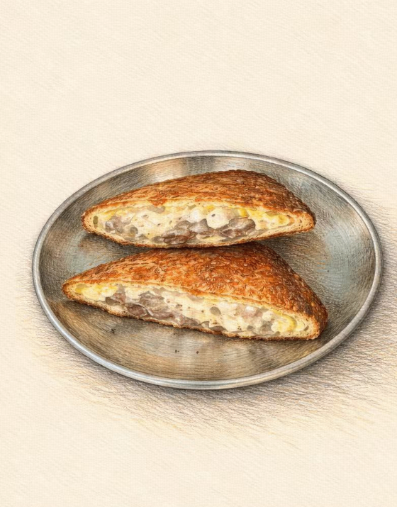 Two toasted, triangular-shaped sandwiches filled with savory ingredients sit on a metallic plate against a light background.