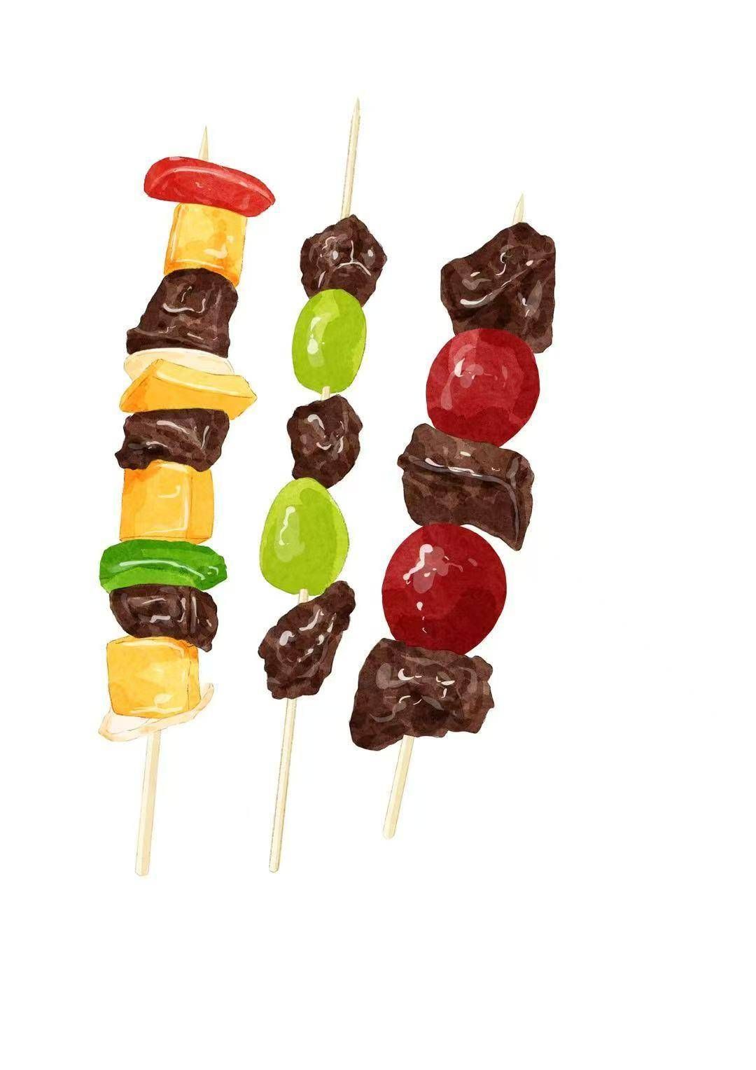 Three skewers featuring alternating pieces of meat, colorful vegetables, and fruit against a white background.