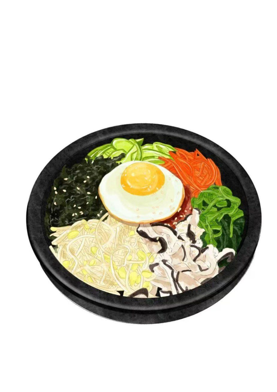A stone bowl filled with bibimbap, featuring a fried egg, assorted vegetables, and sprouts.