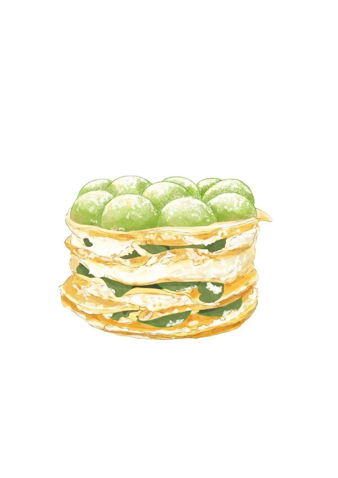 A digital illustration of a layered dessert topped with several round, light green fruit or cream spheres.
