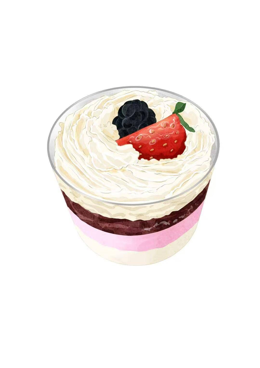 A dessert cup topped with whipped cream, a blackberry, and a strawberry, layered with chocolate and pink cream.