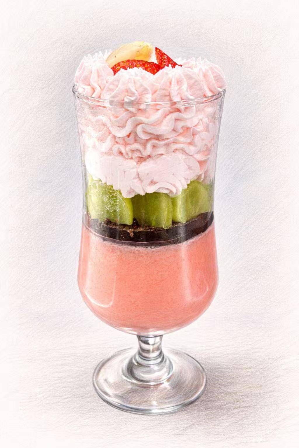 A layered dessert in a glass with pink mousse, kiwi slices, chocolate, and whipped cream topped with fruit.