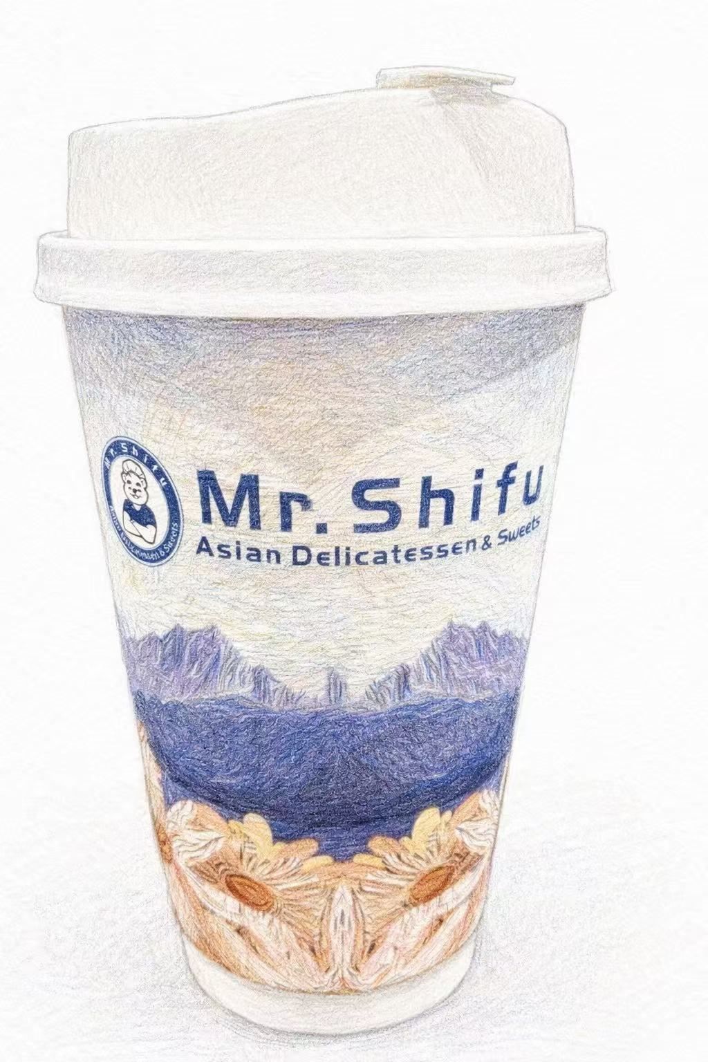 A white Mr. Shifu Asian Delicatessens cup with a lid, featuring a blue logo, mountain graphics, and a floral pattern base.