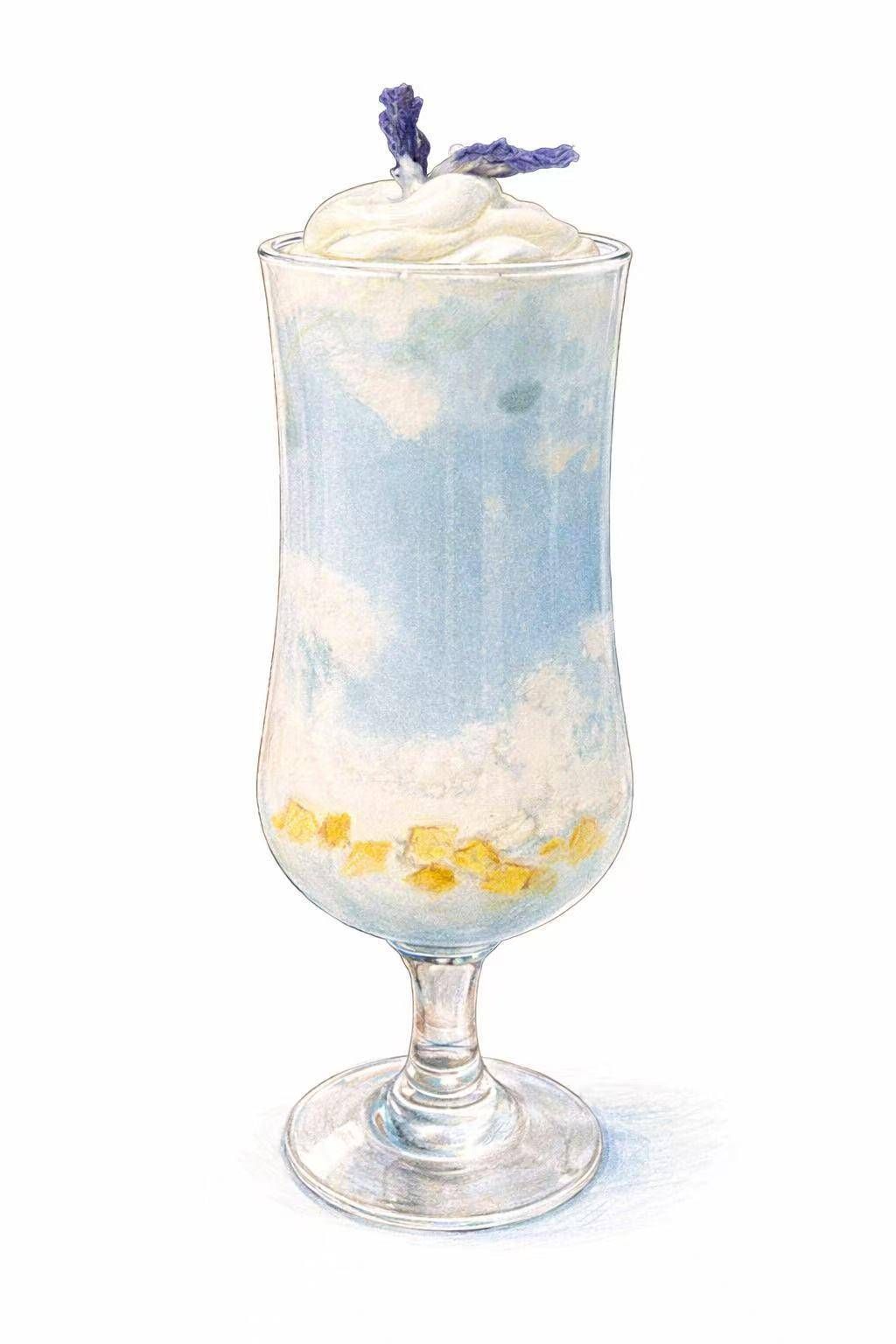 A tall glass of layered, pastel blue and white creamy drink, topped with whipped cream, yellow bits, and a purple flower.